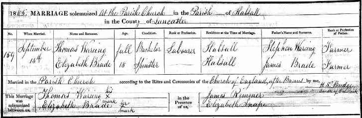 Marriage Register Elizabeth Brade & Thomas Wareing, 1865