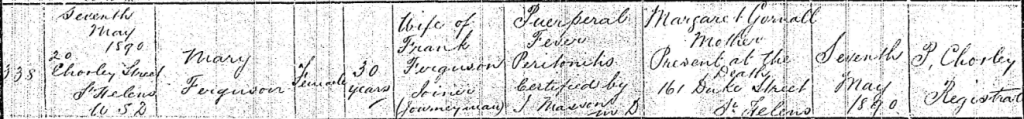 Copy Death Certificate of Mary Ferguson, 1890