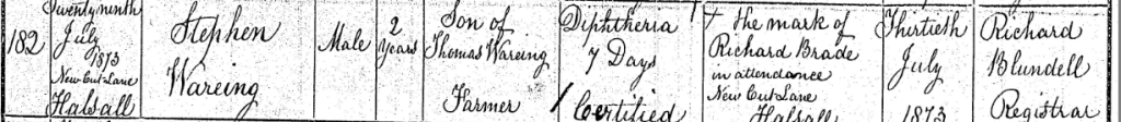 Death Certiifcate of Stephen Wareing 1873